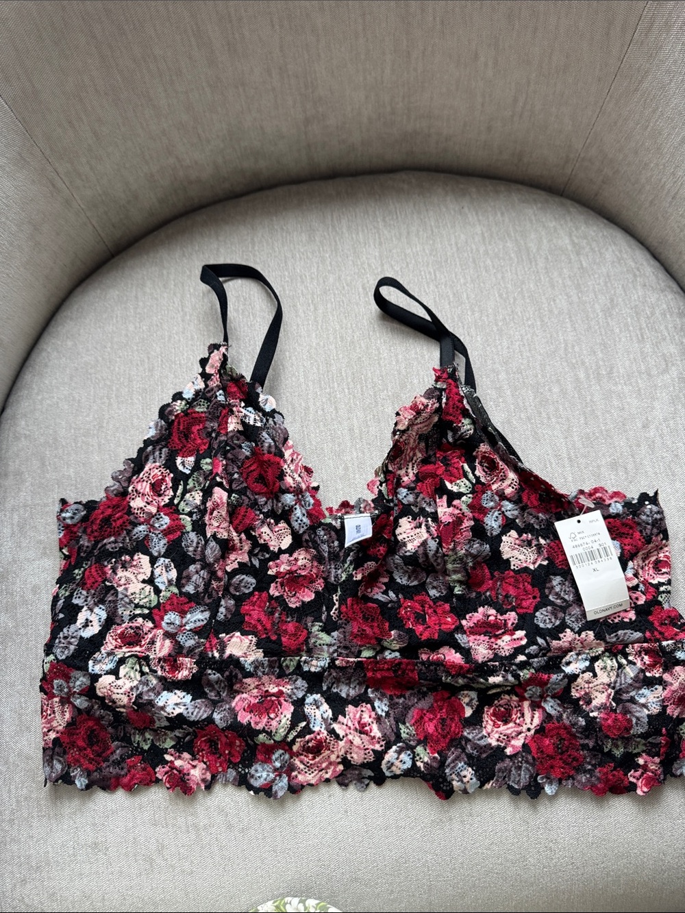 New Old Navy Floral Lace Bandeau Bralette - Black Red & Pink rose XL